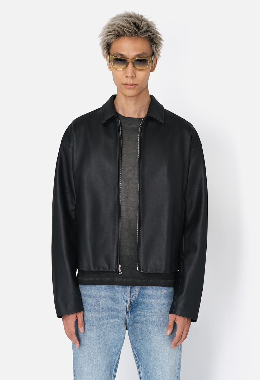 Leather Cropped Zip Jacket / Black
