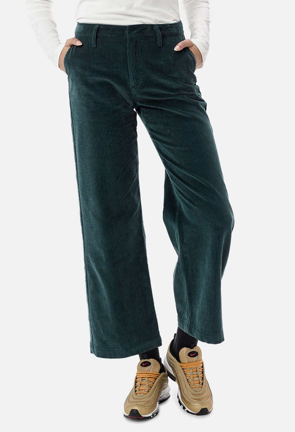 Women's High Waist Zipper Flare Leg Corduroy Pants Green 
